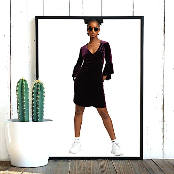 Calvin Klein Plum Purple Velvet Flare Bell Sleeve Warp Knee Length Dress… - Picture 1 of 8